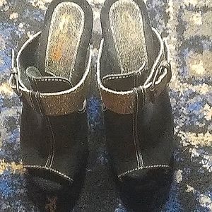 Black leather wedges